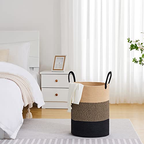 VIPOSCO Large Laundry Hamper, Tall Woven Rope Storage Basket for Blanket, Toys, Dirty Clothes in Living Room, Bathroom, Bedroom - 58L Brown & Black - color: Brown & Black, size: 58L