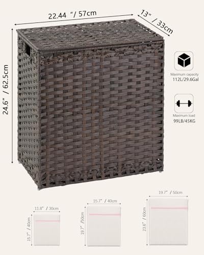 SETVSON Laundry Hamper with Lid Wicker Laundry Basket 112 L (29.6 Gal) Laundry Hampers Handwoven Rattan Laundry Hamper with Handles 3 Removable Washing Bag, 6 Mesh Bags for Bathroom Bedroom Brown - color: Brown, size: 29.6 Gal