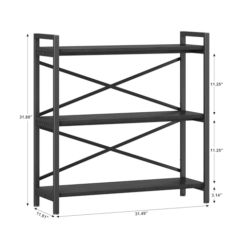 Homeiju 3 Tier Bookshelf 31.49" Width, Wood and Metal Etagere Bookcase, Vintage Farmhouse Modern Wooden Big Book Shelf for Home Living Room Bedroom Office Storage(Black) - color: Black 1, size: 3 Tier - 31.5" W