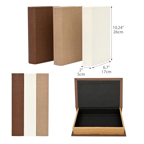DECOR4SEASON Modern Linen and Wood Decorative Book Boxes, Set of 3 Earthy Neutral Faux Books for Bookshelf Decor, Coffee Table Storage Trays for Remotes & Jewelry, Brown, Taupe, and Off-White - color: Brown,Taupe,Off-White, size: 10"