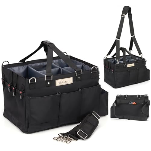 FifthStart Cleaning Supplies Organizer Tote & Caddy - X-Large, Black Nylon - Adjustable Straps for Cleaning Tote - 9 Pockets & Dividers in Organizer Bag - Durable Nylon Construction for Diaper Caddy - color: Black, size: X-Large