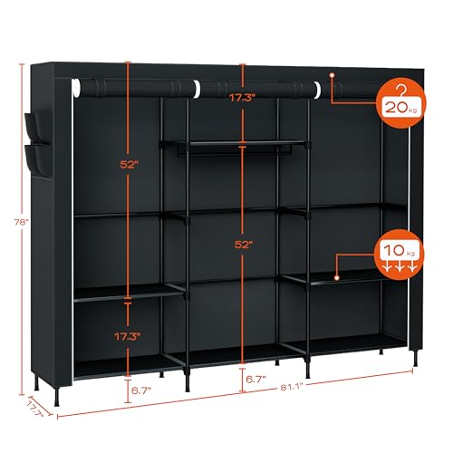 CASAMAYA Portable Closet, 81.1 Inch Extra Large Capacity Wardrobe Closet with Cover, Clothes Storage Organizer with Shelves and 3 Hanging Rods, Easy to Assembly, Black PCT133B01 - color: Black, size: 81.1"L x 17.7"W x 78"H