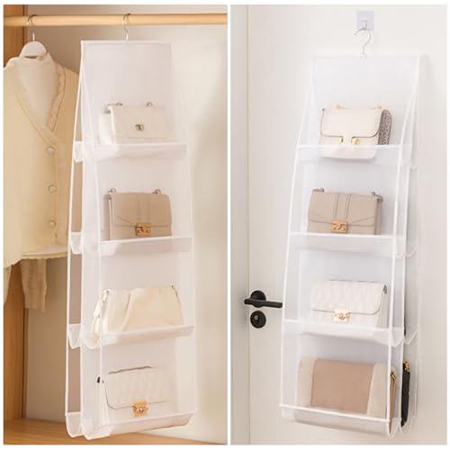 MURRI&MURRDI Hanging Handbag Organizer for Closet, Purse Storage Hanger with 8 Easy Access Clear Pockets, Womens Tote Bag Pocketbook Holder for Door Wall Wardrobe, Space Saving Organization, White - color: B-White
