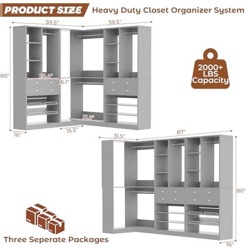 Closet System with 4 Drawers and Hanging Rods, 59.5"L / 87"L Closet Organizer System with Corner Tower, L Shaped Walk-in Closet System, Corner Closet System with Shelves, Set of 3, Morandi Grey - color: Morandi Grey, size: 59.5" * 59.5"
