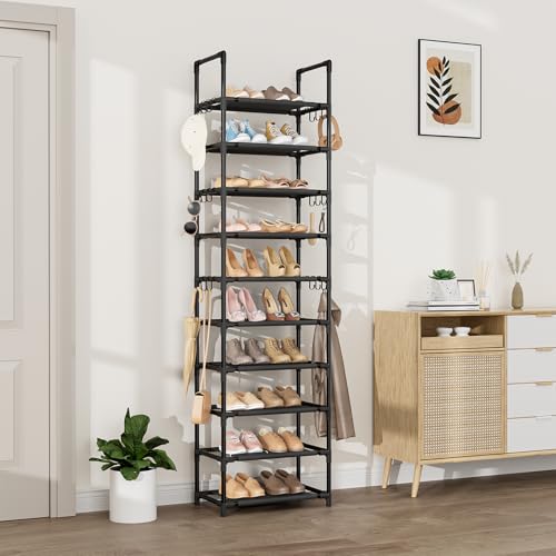VTRIN 10 Tiers Tall Shoe Rack Holds 20-25 Pairs of Shoes Sturdy Vertical Shoe Organizer with 18pcs Hooks Stackable Narrow Shoe Rack for Closet, Entryway Black - color: Black, size: 17" Wide - 10 Tier