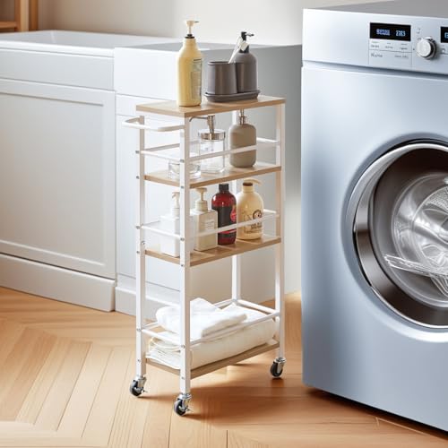 IBUYKE 7.8" Slim Rolling Cart,4 Tier Metal Kitchen Laundry Storage Cart,Industrial Narrow Utility cart,Trolley with Handle and Wooden Tabletop,for Kitchen, Living Room,Bathroom,Natural UTMJ065R - style: Natrue