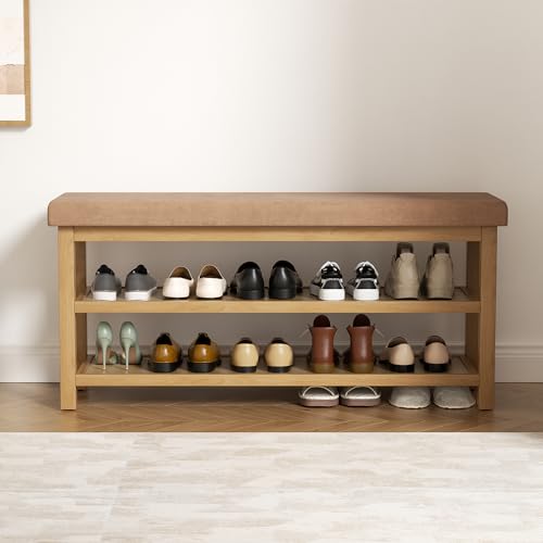 2 Tier Shoe Rack Bench with Cushion, Rubberwood Shoe Benches, Mid-Century Modern Shoe Storage Bench for Entryway, Hallway, Living Room, Closet, Front Door Entrance, Dark Brown - color: Dark Brown