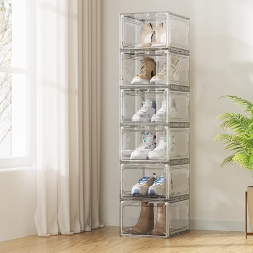 Shoe Box,Set of 6,Stackable Plastic Clear Shoe Box Organizer with Magnetic Door,Shoe Storage Box Thicken Sturdy,Easy Assembly,Fit up to US Size(Front opening door, Clear) - color: White, size: Front