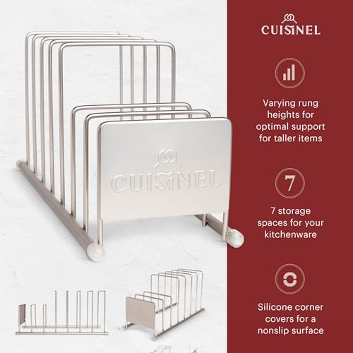 Cuisinel Lid and Dish Organizer Rack - Satin Nickel Silver Kitchen Storage Organization Stand - Plate Holder, Pan/Pot Covers, Cutting Board and Cookie Sheet Divider - 7-Tier Cabinet/Counter Display - color: Satin Nickel, size: Lid Rack