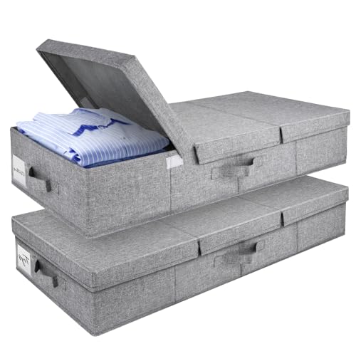 2 Pack 48L Under Bed Storage Containers, 6 Inches Tall Foldable Underbed Clothes Storage with Lids&3 Handles, 31.5 x 15.7 x 6 inches Low Profile Stackable Bins Box for Bedroom Blankets Clothes Shoes