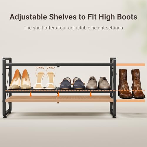 ELYKEN Shoe Rack, 4-Tier Expandable Shoe Organizer for Entryway, Metal Black Shoe Shelf with 4 Hooks, Adjustable Shoe Stand Holder for Closet, Garage, Door Entrance - size: 4-Tier