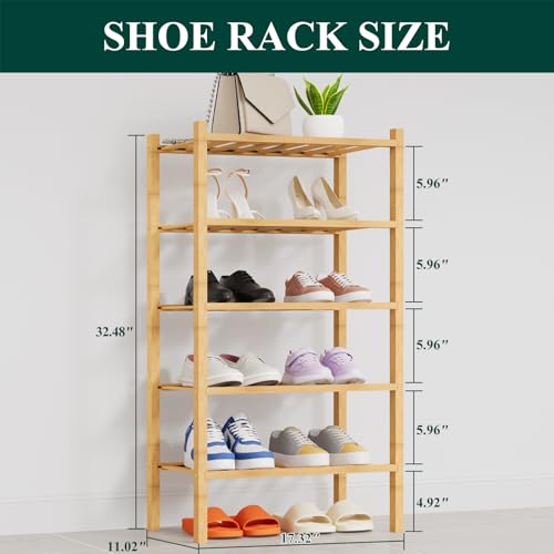 Smiry Shoe Rack, 5 Tier Thick Small Bamboo Shoe Organizer, Stackable Free Standing Wooden Shoe Storage Shelf for Closet, Entryway, Front Door Entrance, Natural - color: Natural, size: 17.32" Wide - 5 Tier - Thicker