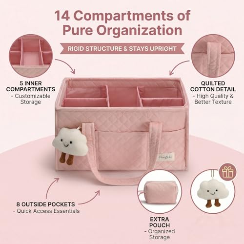 PeraBella Baby Diaper Caddy Organizer, Baby Basket Shower Gift, Portable Changing Table Basket, Postpartum Caddy & Tote Bag Pouch, Newborn Boy & Girl Nursery Essentials Registry, Car Diaper Organizer - color: Blush Pink