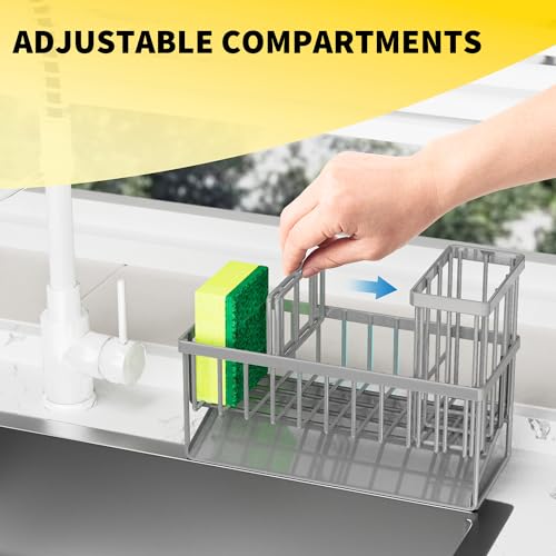 Cisily Sink Caddy Organzier with High Brush Holder, Sponge Holder for Sink, 304 Rustproof Stainless, Kitchen Countertop Soap Dispenser Organizer, Gray Kitchen Decor and Accessories - color: Grey, size: 9.25″