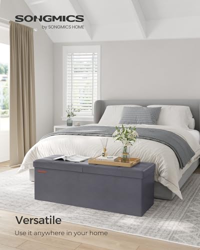 SONGMICS MAZIE Collection - 43 Inches Storage Ottoman Bench with Flipping Lid, Storage Chest with Iron Frame Support, Load 660 lb, for Living Room, Bedroom, Synthetic Leather, Dark Gray ULSF075G01 - color: Dark Gray, size: 15"D x 43"W x 15"H