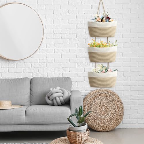 TeoKJ Over the Door Hanging Basket, 3-Tier Woven Cotton Wall-Mounted Storage Organizer Bag Decorative Hanging Nursery Baskets, White & Jute - color: White + Jute