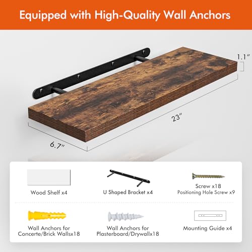YUFLINX 23’’Rustic Brown Floating Shelves for Wall,Rustic Wood Shelf for Room Decor/Storage/Display,Small Bookshelf,Wall Mounted Hanging Shelves for Bedroom, Bathroom, Living Room, Kitchen,Set of 4 - color: Rustic Brwon, size: 23in