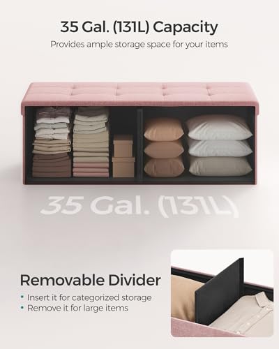 SONGMICS MAZIE Collection - 43 Inches Folding Storage Ottoman Bench, Ottoman Foot Rest, End of Bed Bench, Storage Chest, Load 660 lb, for Living Room, Bedroom, Entryway, Jelly Pink ULSF077R11 - color: Jelly Pink, size: 15"D x 43"W x 15"H