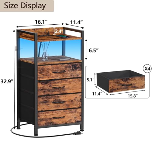 Furnulem Night Stand with Charging Station and Led Light, 4 Drawer Dresser for Bedroom, Small Nightstand Bedside Table, Fabric Bins, Metal Frame, Wood Shelf, Side Furniture(Rustic Brown) - color: Rustic Brown, style: 4 Drawer