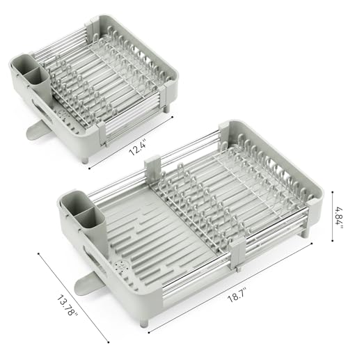 Urackify Extendable Dish Drying Rack, Dual Part Dish Drainers with Non-Scratch and Movable Cutlery Drainer and Drainage Spout, Adjustable Dish Rack for Kitchen, Gray & White - color: Soft Celery Green