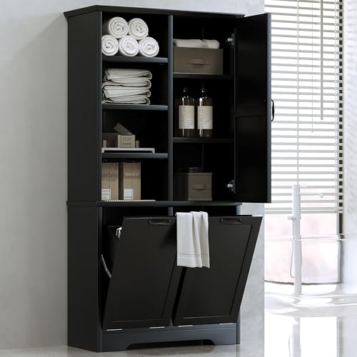 Tall Storage Cabinet with Door and Open Shelf, Multi-Functional Laundry Hamper Basket for Home Bathroom, Laundry Room, Black - color: Black