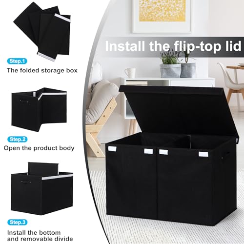 popoly 122L Large Toy Box Chest with Lid, Foldable Toy Storage Organizer Bin Boxes with Removable Divider for Kids, Boys, Girls, Nursery, Playroom, 26"x17" x17"(Linen Black) - color: Extra Large Black