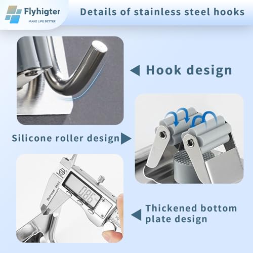 5 Pack Heavy Duty Mop and Broom Holder Wall Mount, No Drill Self Adhesive Stainless Steel Hanger with Hooks, Anti-Slip Tool Organizer for Bathroom, Kitchen, Garage, Laundry Room (5, Silver) - color: Silver-5