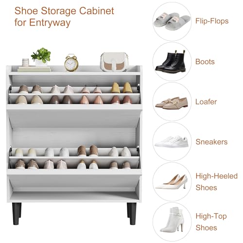 GarveeHome Shoe Cabinet with 2 Flip Drawers, Wooden Shoe Organizer with Adjustable Shelf, Shoe Storage for Entryway, Hidden Shoe Cabinet for Hallway, Living Room, White - color: White, size: 2-Drawers