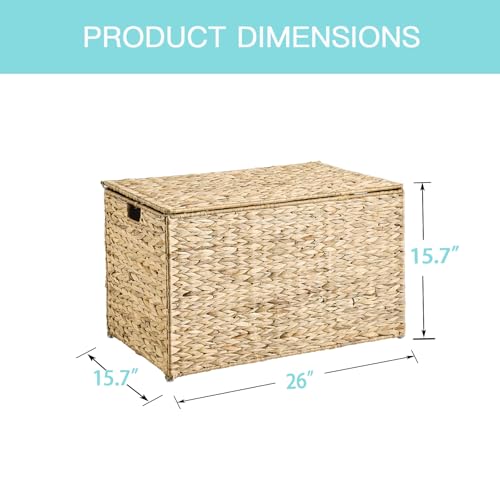 Water Hyacinth Storage Basket with Lid, 27.7 Gallon (105L) Blanket Storage Basket with Handles, Woven Storage Bin, Foldable, Metal Frame, for Bedroom, Laundry Room, Natural - color: Natural, size: 105 L:15.7 x 26 x 15.7 Inches