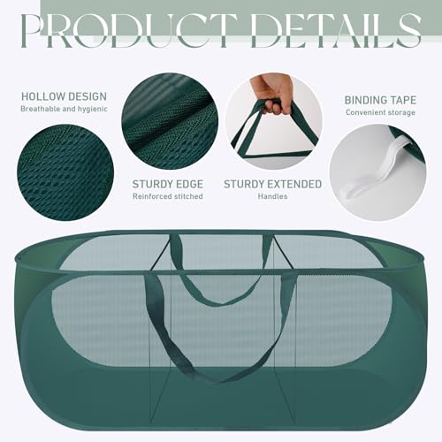 Up Laundry Hamper - Collapsible Mesh up Laundry Basket, 3 Compartments Collapsible Mesh Laundry Baskets Clothes Foldable Tote with Handle for Bathroom, College Dorm, Travel (Green)