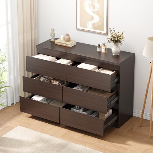 Jocoevol Modern 6 Drawer Dresser - Simply Chest of Drawers for Bedroom, Closet, Living Room, Hallway, Entryway, Wood Storage Double Dresser with Smooth Metal Rails - Retro Brown - color: Retro Brown