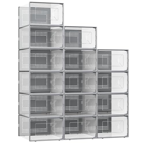 Foluck X-Large Shoe Storage Box, 15 Pack Clear Plastic Stackable Shoe Organizer for Closet, Interlocking Design Shoe Container Bins for Sneakers, Foldable Shoe Rack with Lids, Gray - color: Gray