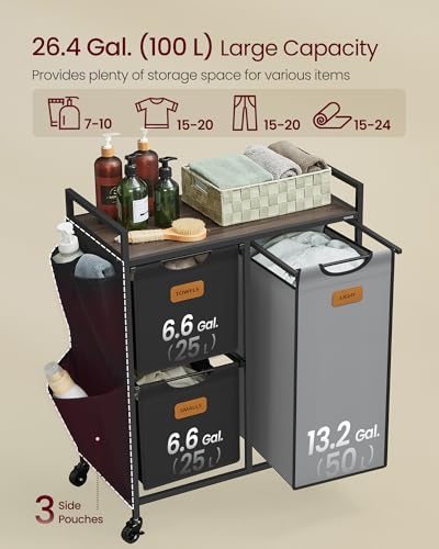 VASAGLE Laundry Hamper with 3 Compartments, 26.4 Gal. (100 L) Laundry Sorter, Rolling Laundry Cart with Shelves, Small Side Pockets, 6 Labels, Chestnut Brown, Ink Black and Dove Gray UBLH202B01 - color: Chestnut Brown + Ink Black + Dove Gray, size: 3 Bags