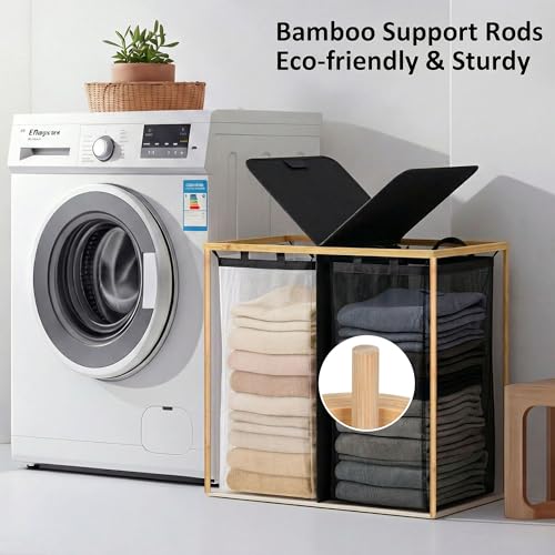 efluky Laundry Hamper with Lid, Double Laundry Hamper with 2 Removable Bags, 2 Section Laundry Basket with Bamboo Handles for Bathroom, Bedroom & Laundry Room, 140L (36.9 Gallon) Black - color: Black, size: 140L Dual