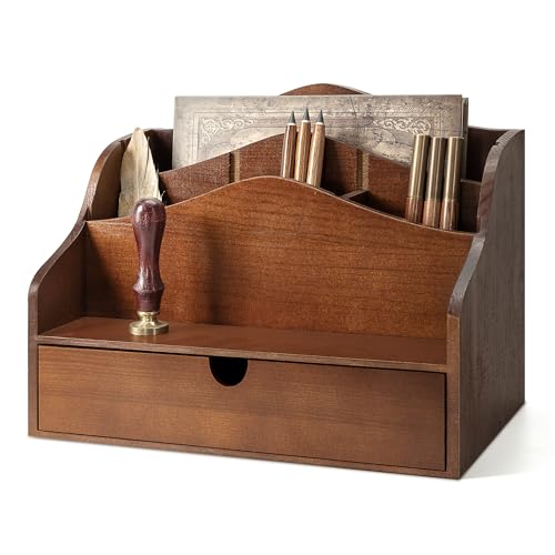 Pine Wood Mail Organizer for Desk - Rustic Mail Sorter with Drawer & Dividers - 4-Slot Mail Sorter for Letters, Files & Small Essentials - Wooden Desk Organizer for Farmhouse Home Decor (Brown) - color: A-Brown