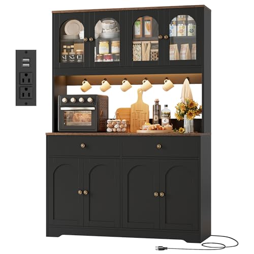HIFIT 71" LED Kitchen Pantry Cabinet with Power Outlet, Large Kitchen Hutch Cabinet with 2 Storage Drawers & Arched Door, Countertop & Hooks, Tall China Bar for Dining Living Room (Black) - color: Black