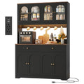 HIFIT 71" LED Kitchen Pantry Cabinet with Power Outlet, Large Kitchen Hutch Cabinet with 2 Storage Drawers & Arched Door, Countertop & Hooks, Tall China Bar for Dining Living Room (Black) - color: Black