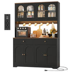 HIFIT 71" LED Kitchen Pantry Cabinet with Power Outlet, Large Kitchen Hutch Cabinet with 2 Storage Drawers & Arched Door, Countertop & Hooks, Tall China Bar for Dining Living Room (Black) - color: Black