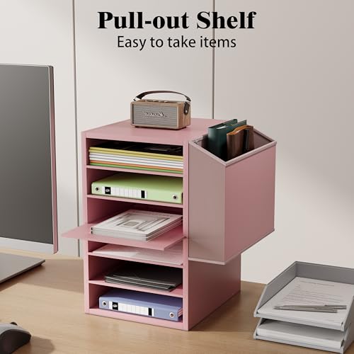 Unionly 6 Tier Adjustable Countertop Mail Sorter, Mailboxes With Name Slots, Literature Organization Paper Storage Slot, Office Desk File Organizer, Wooden Desktop Mailbox for Classroom(Pink, 6 Slots) - color: Pink, size: 6 Slots