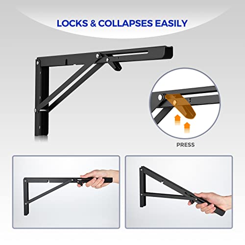 Ravinte 2 Pack 16 Inch Folding Shelf Brackets – Matte Black, Heavy Duty Collapsible Brackets for Tables and Benches – Space-Saving Design - size: 16 Inch
