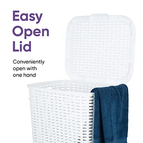 Plastic Laundry Hamper with Lid, Designed Laundry Hamper Basket, Beige Tall Cloths Hamper Organizer with Cut-out Handles. Space Saving for Laundry Room Bedroom Bathroom, Wicker Design 60 Liter - color: White, size: 1-pack