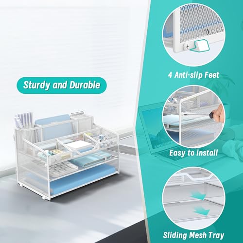 3 Tier Mesh Desk Organizer,Multi Functional Letter Paper Tray with 3 Pen Holders and 5 Adjustable Storage Compartments for Office Supplies Files and Mail Space Saving Desktop Organizer-White - color: 3 Tier-white