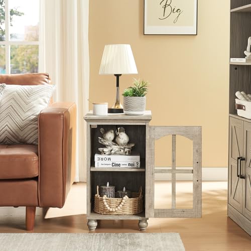 Narrow Side Table Set of 2,Farmhouse Nightstand with Charging Station,End Table with Glass Barn Door Storage, Cabinet Organizer with Adjustable Shelf, Night Stand for Small Spaces Living Room Bedroom - color: Grey, size: Set 2