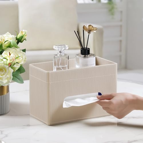 Tissue Box Cover Rectangle with Storage Tray, PU Leather Tissue Holder for Bathroom Vanity Countertop Night Stands Bedroom Office Desk, Stylish Rectangular Tissue Box Holder (Beige) - color: Beige