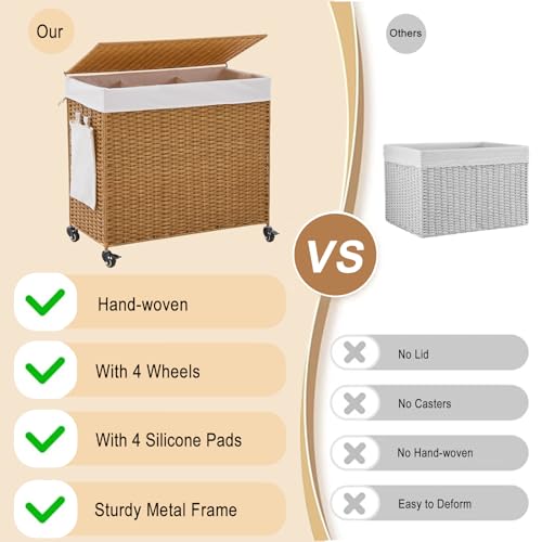 Handwoven Hamper with Lid, Laundry Basket with Wheels, Machine Washable Liner, 3 Section Clothes Hamper for Bathroom Laundry Room Bedroom, Rattan, 165L - color: Rattan/With Lid/165L
