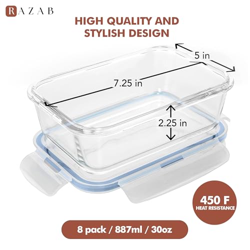 Razab 16 Pc (Set of 8) 30 Oz Glass Meal Prep Containers with Lids, Airtight Large Glass Food Storage Containers, Reusable Leak Proof BPA Free, Freezer to Oven and Dishwasher Safe - color: Baby Blue