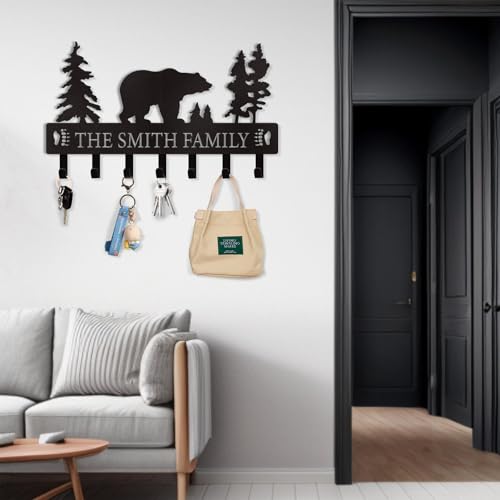 Dyoart Personalized Key Holder for Wall, Custom Metal Black Bear Coat Hook Key Holder with Name, Metal Key Rack Hanger Organizer for Entryway, Front Door, Hallway, Kitchen, Office Decor - color: 02 Bear