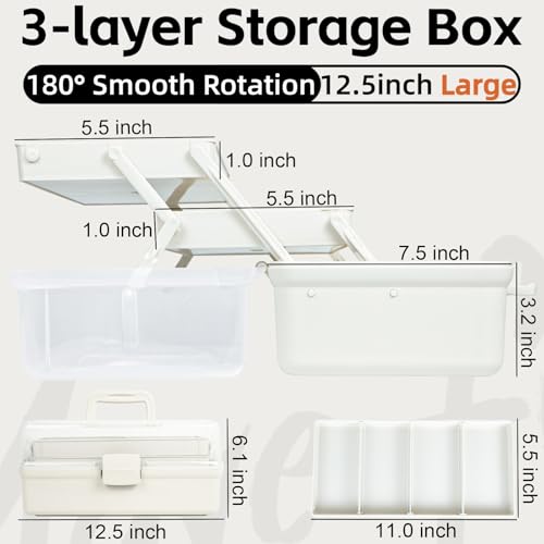 TERGOO 12.5in 3-Layer Multipurpose Craft Organizers and Storage with Adjustable Dividers, Portable Tackle Box, Folding Art & Craft Case for Medicine, Tool, Sewing Organizer (White) - color: White, size: Large