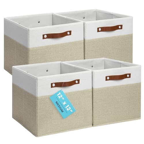OrganiHaus 12" x 12" x 12" Fabric Storage Bins - Set of 4, Cube Canvas Organizer Bins with Vegan Handles, Kallax Storage Cubes, 12 Inch Cubic Baskets for Shelves - Beige/White - color: Beige Base / Off-White, size: (12x12) Leather Handles