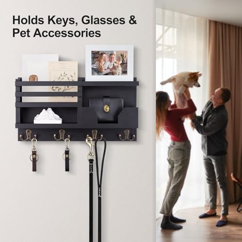 Lwenki Mail and Key Holder for Wall – Decorative 15.9” x 8.7” x 3.2” Entryway Organizer with Shelf – Paulownia Wood with 4 Dual Hooks Includes Mounting Hardware and Installation Guide - color: Black